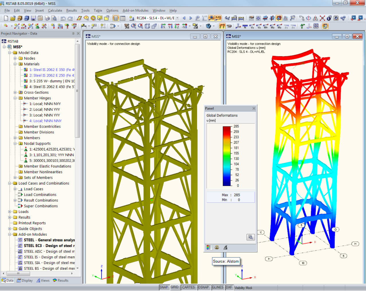 3D-Modell des Kesselgerüstes und Verformungsfigur in RSTAB (© Voss & Kamb und Partner GmbH)